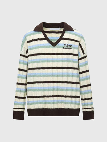 Blueberry Toast V-Neck Sweater – Cream Stripe