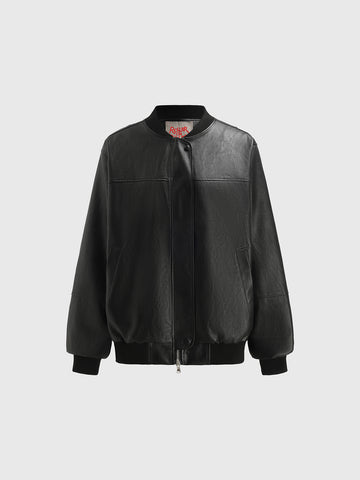 Faux Leather Bomber Jacket – Classic Black