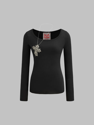 Leopard Crossline Beads Longsleeve Tee - Shadow Black