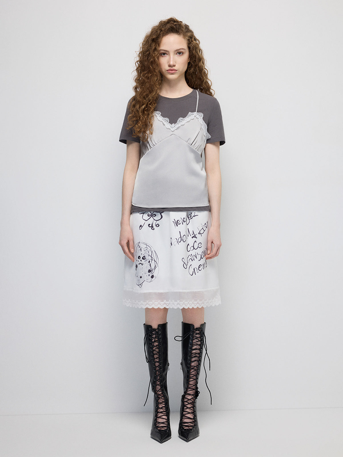 Ink Whisper Lace Graphic Skirt - Chalk White