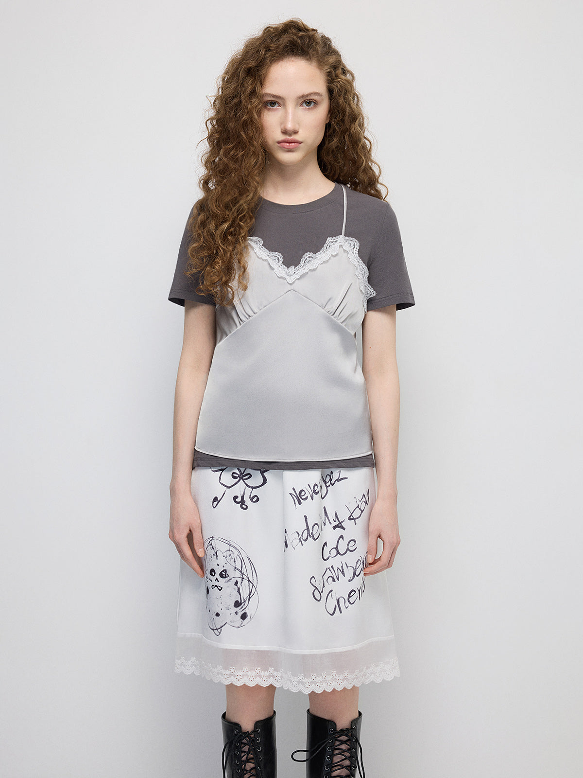 Office Illusion Lace Tee - Mist Grey