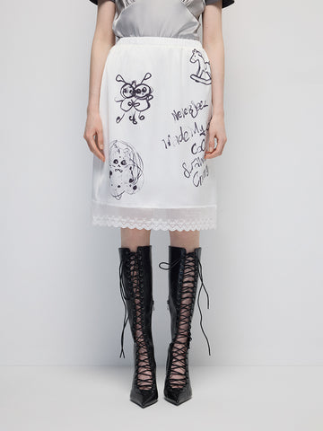 Ink Whisper Lace Graphic Skirt - Chalk White