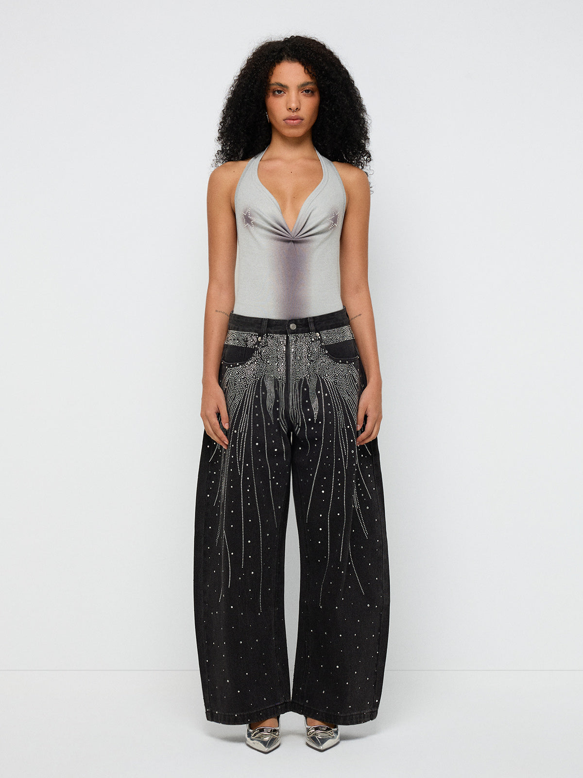 Crystal Tension Halter Bodysuit – Silver Grey