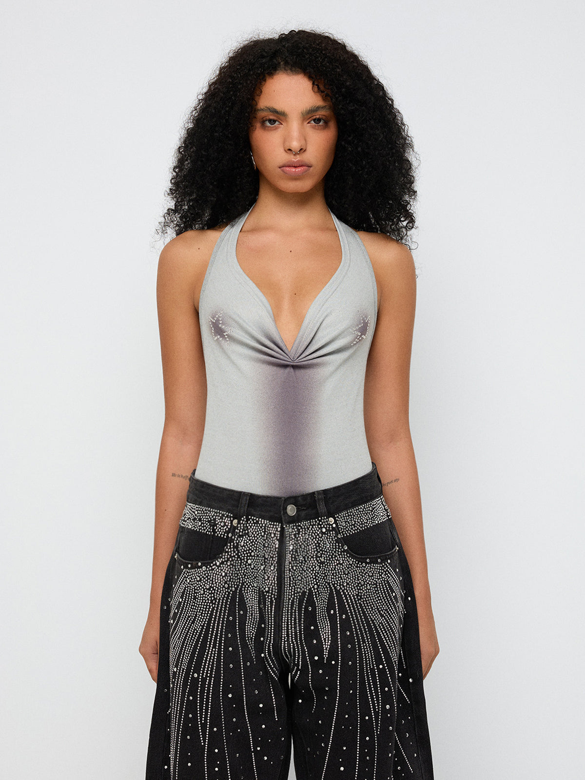 Crystal Tension Halter Bodysuit – Silver Grey