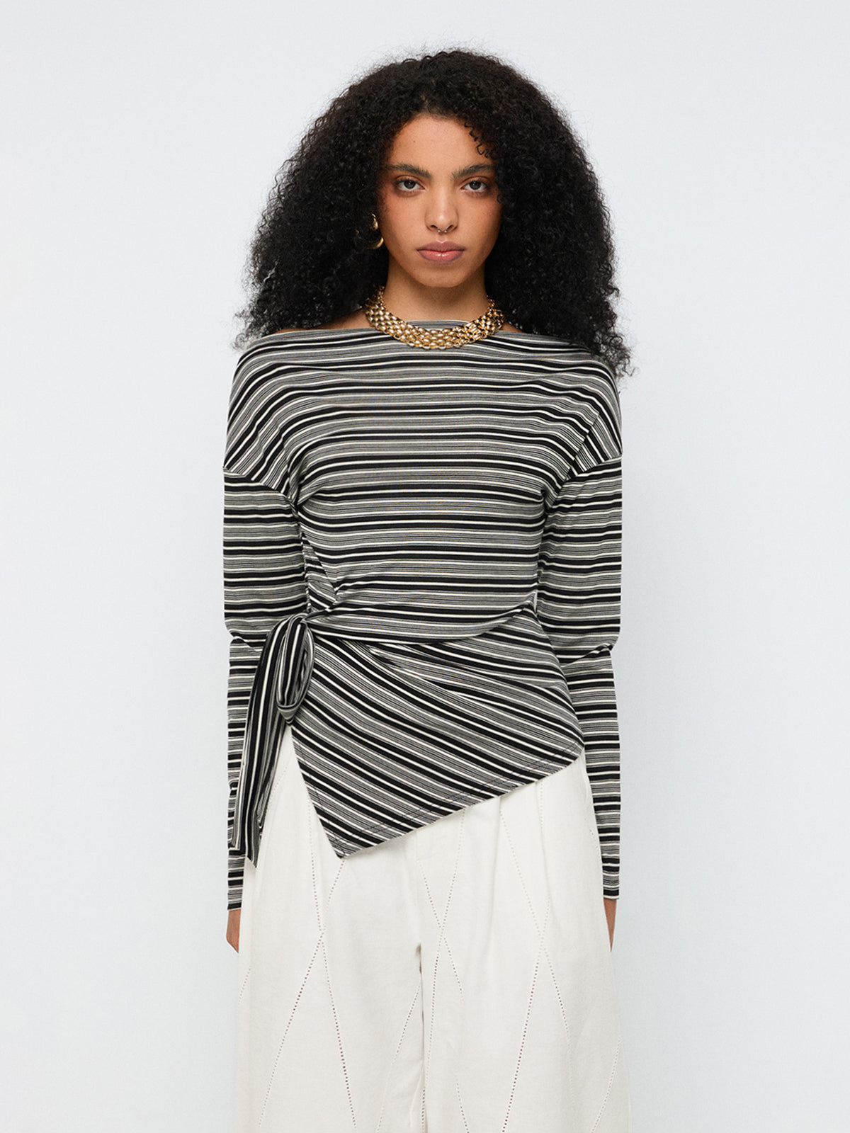 Side Control Stripe Sleeve Top – Charcoal Grey