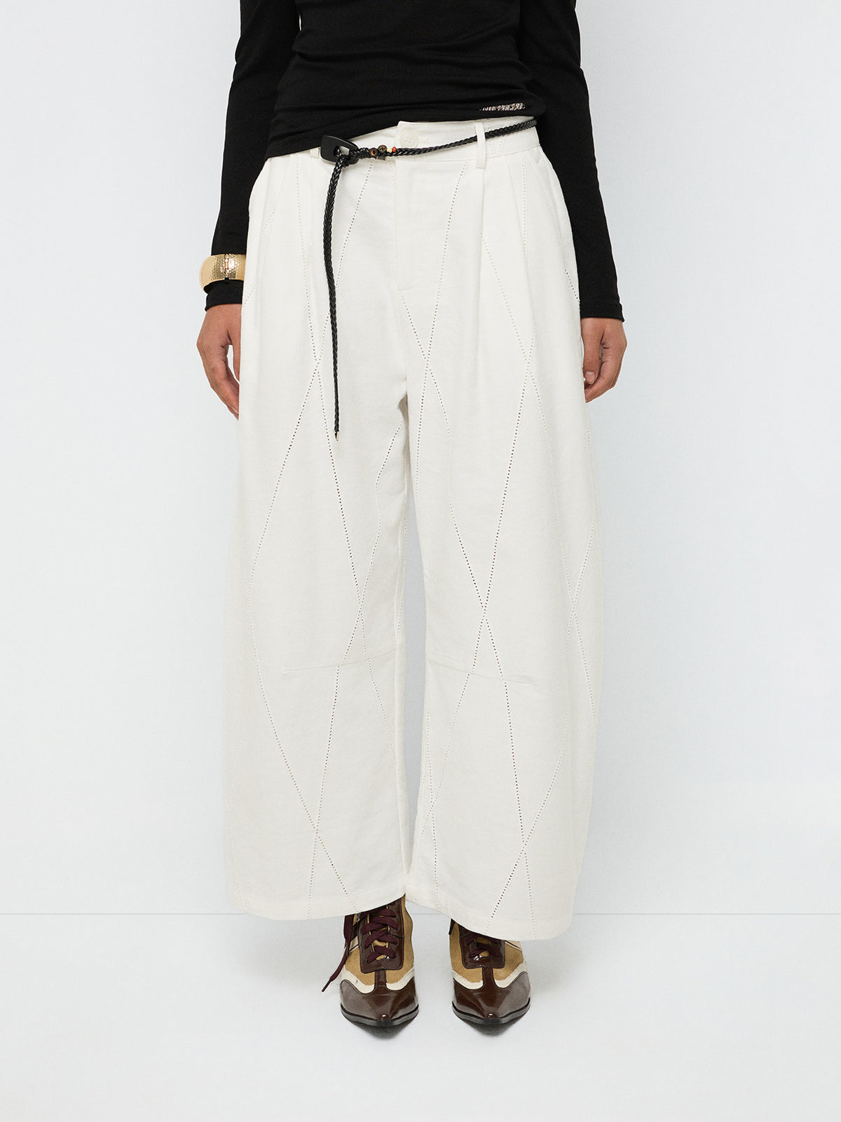 Carved Grid Cut Barrel Pants – Ivory Cream