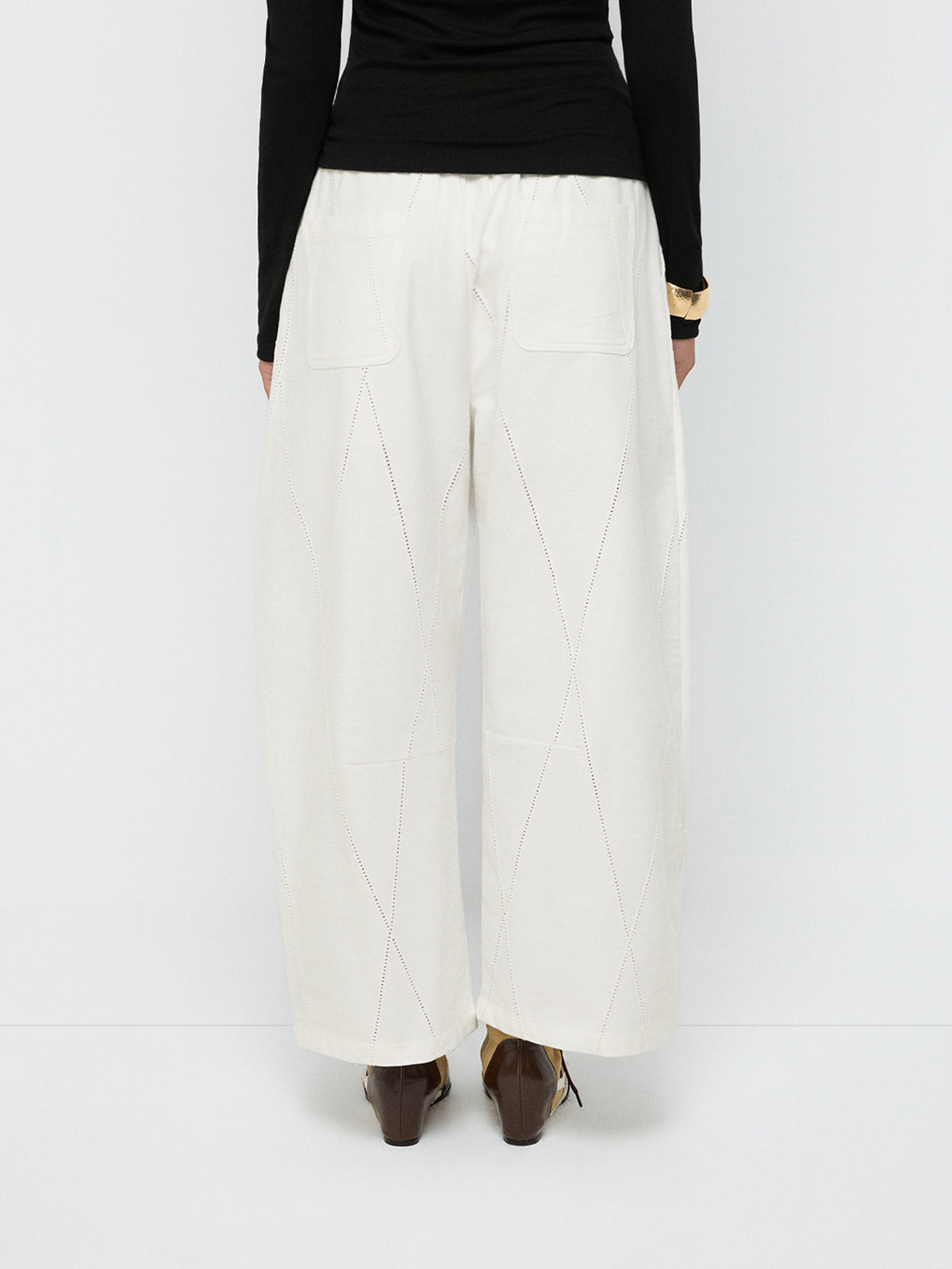 Carved Grid Cut Barrel Pants – Ivory Cream
