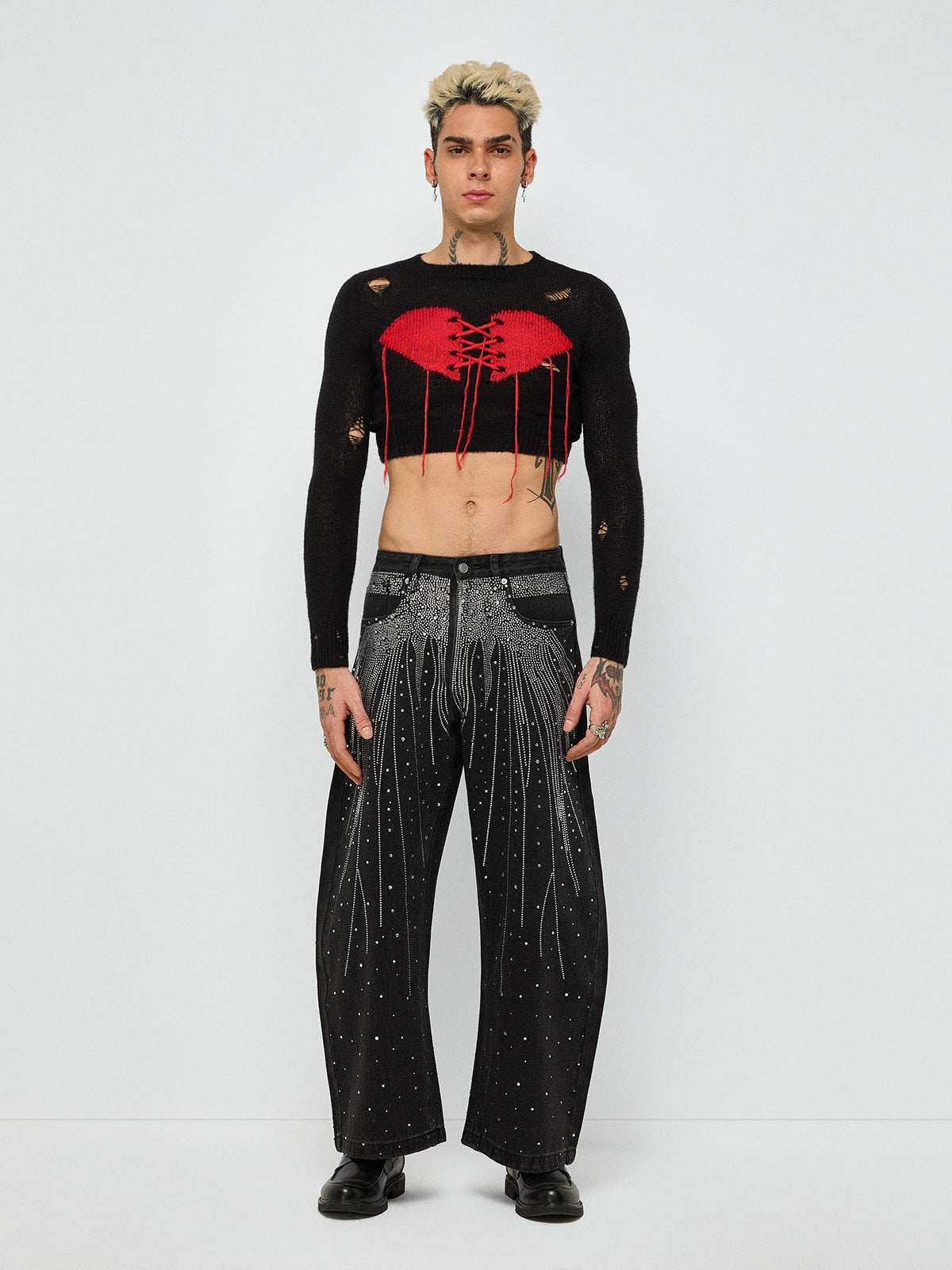 Still Beating Stitched Heart Sweater – Black Red