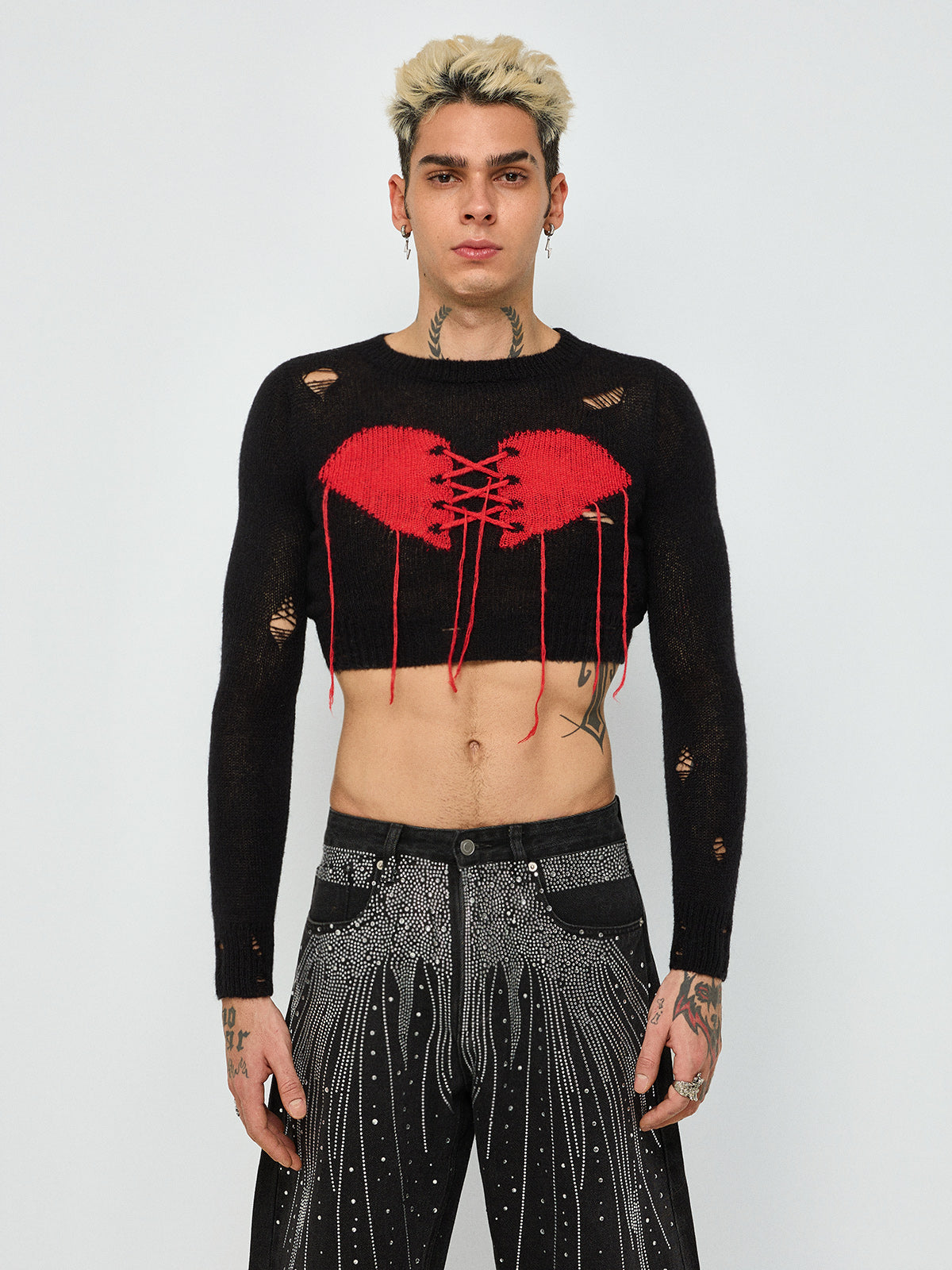 Still Beating Stitched Heart Sweater – Black Red