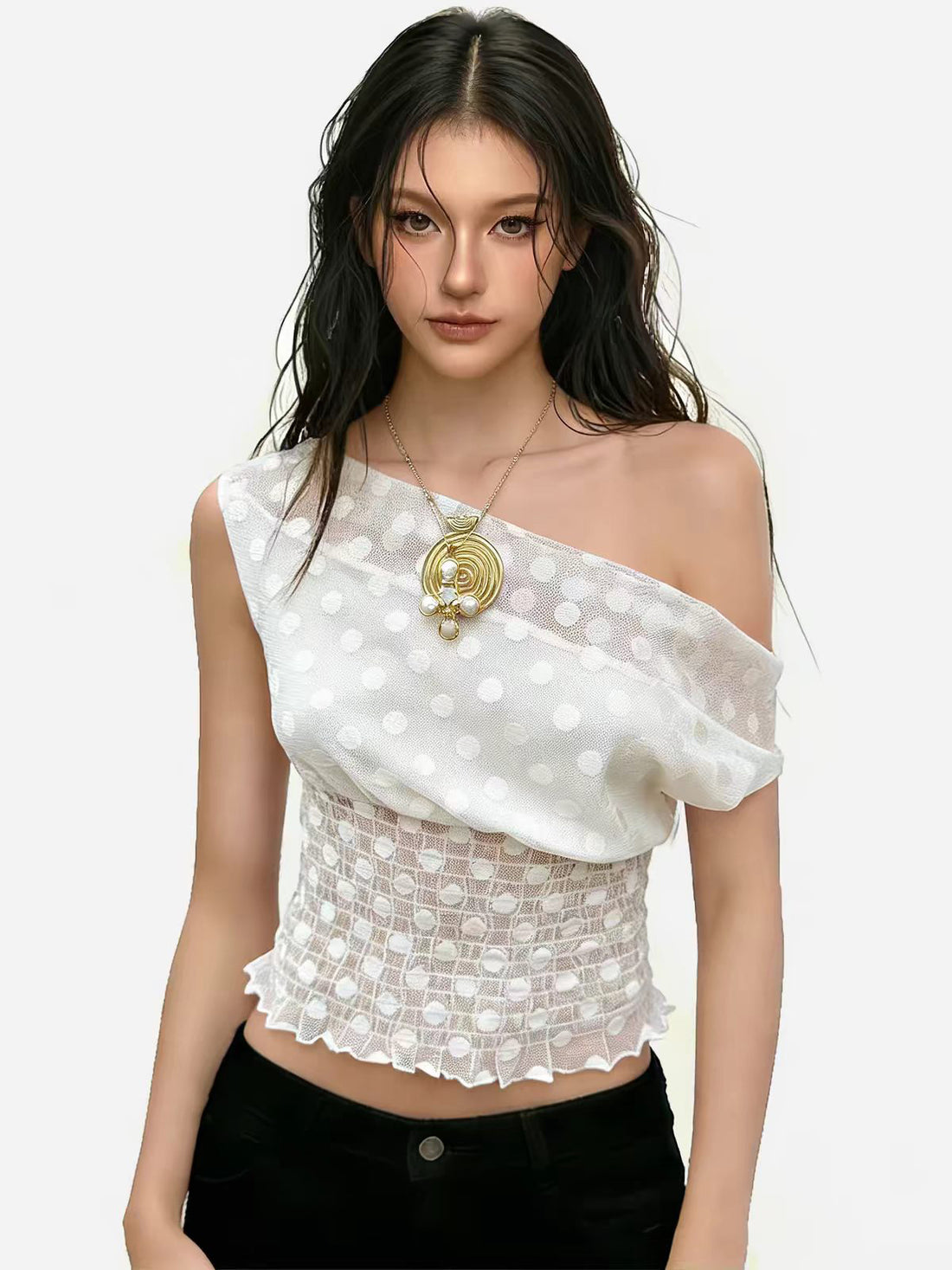 Brick Lane Asymmetric Off-Shoulder Distressed Knit Top - White