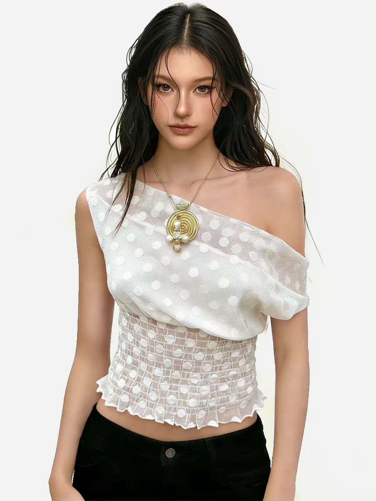 Brick Lane Asymmetric Off-Shoulder Distressed Knit Top - White