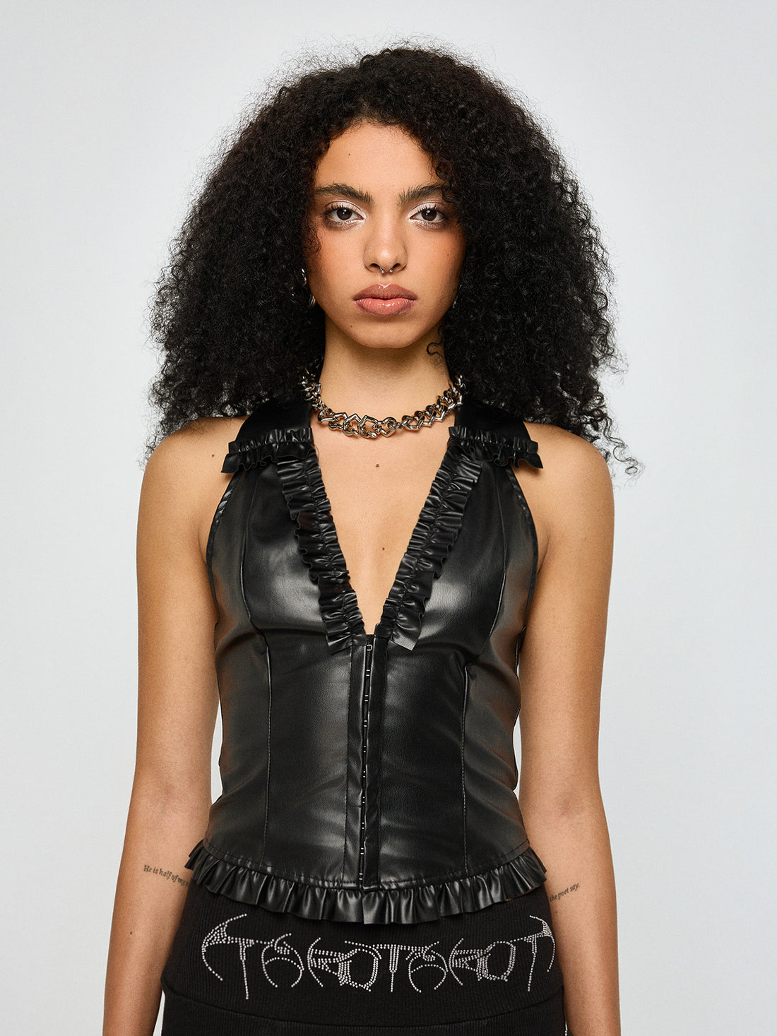Locked Focus Leather Halter Top – Glossy Black