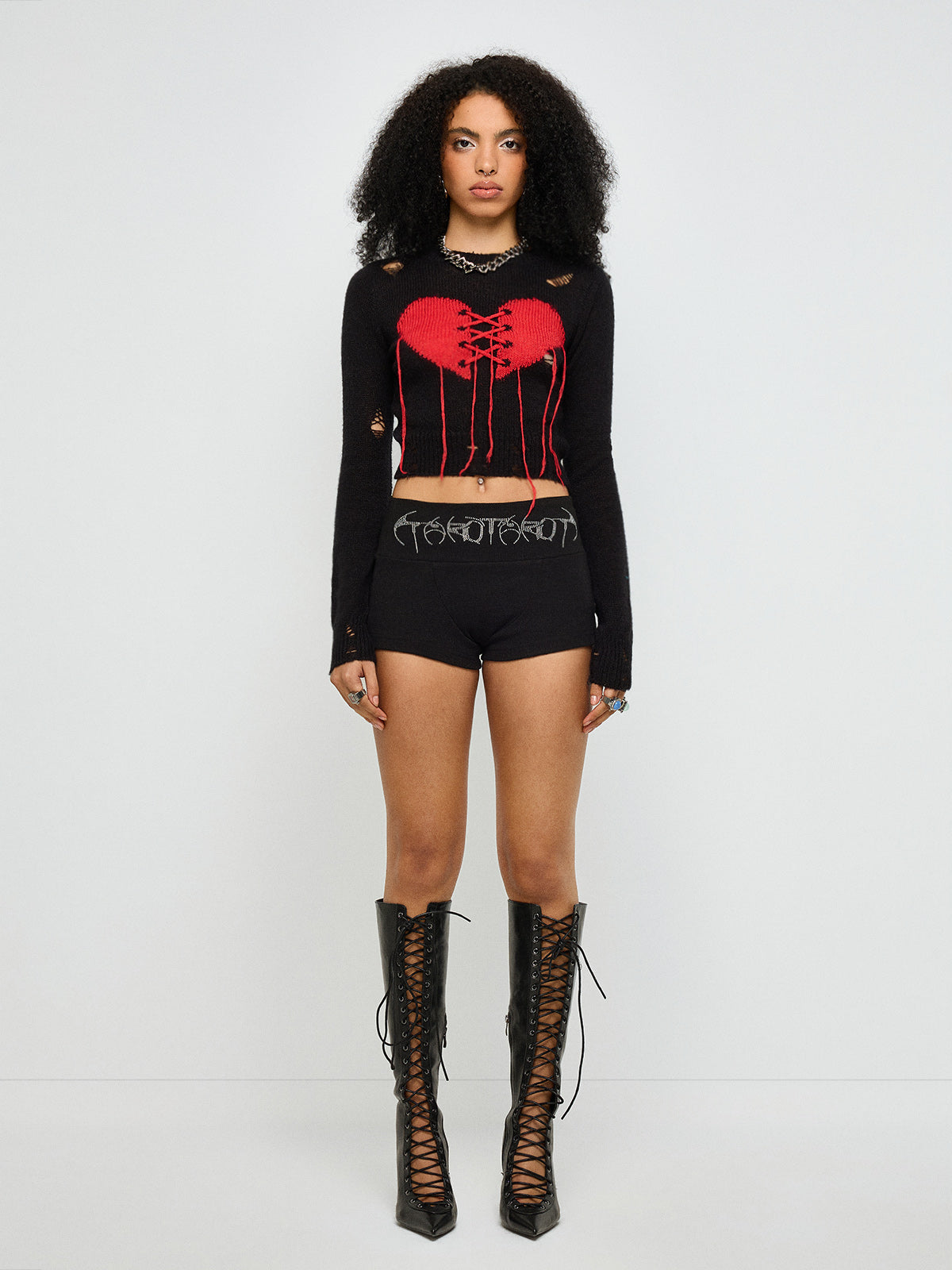 Still Beating Stitched Heart Sweater – Black Red
