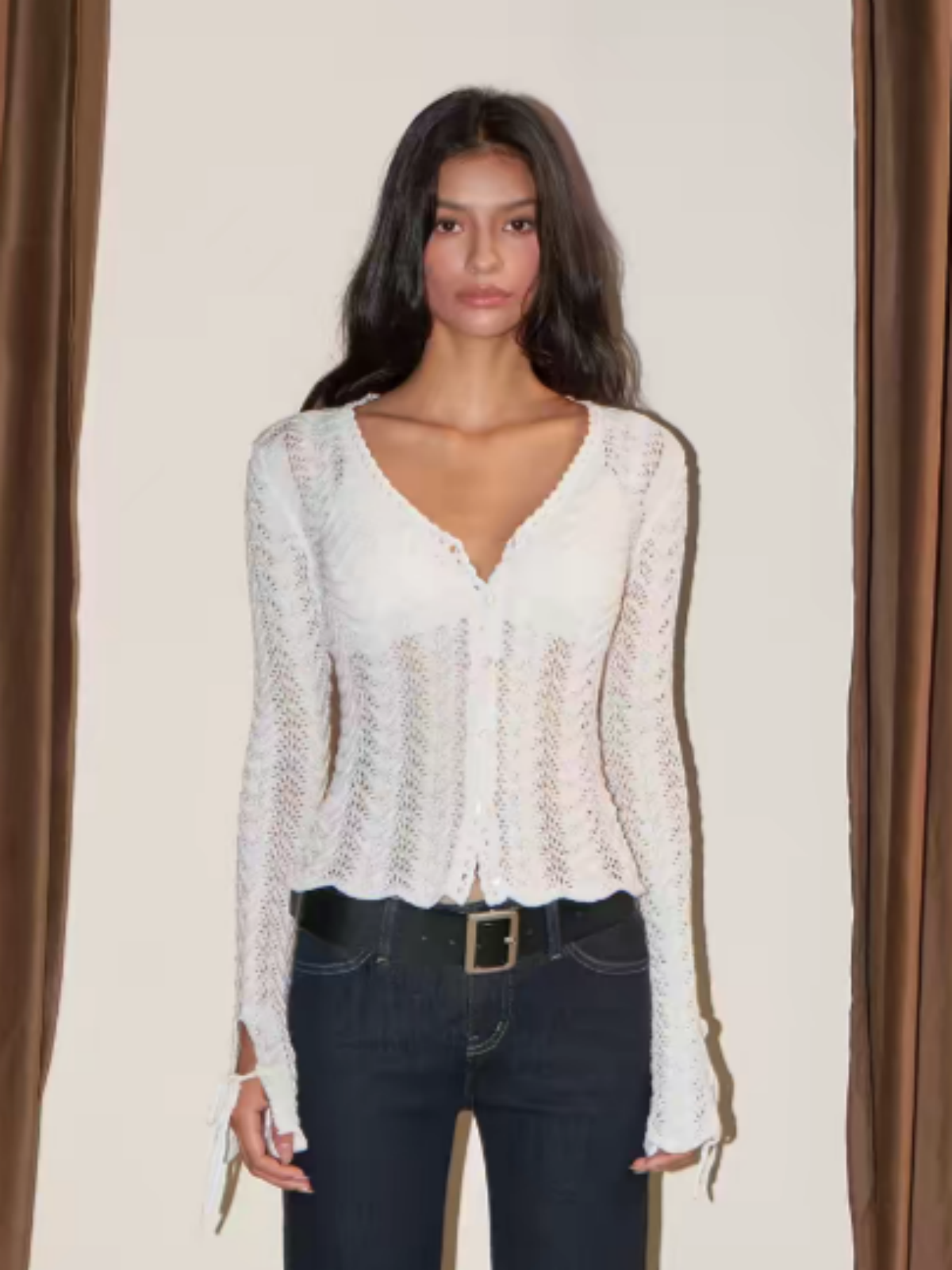 Brick Lane Ribbed Knit Button-Up Long Sleeve Cardigan - White