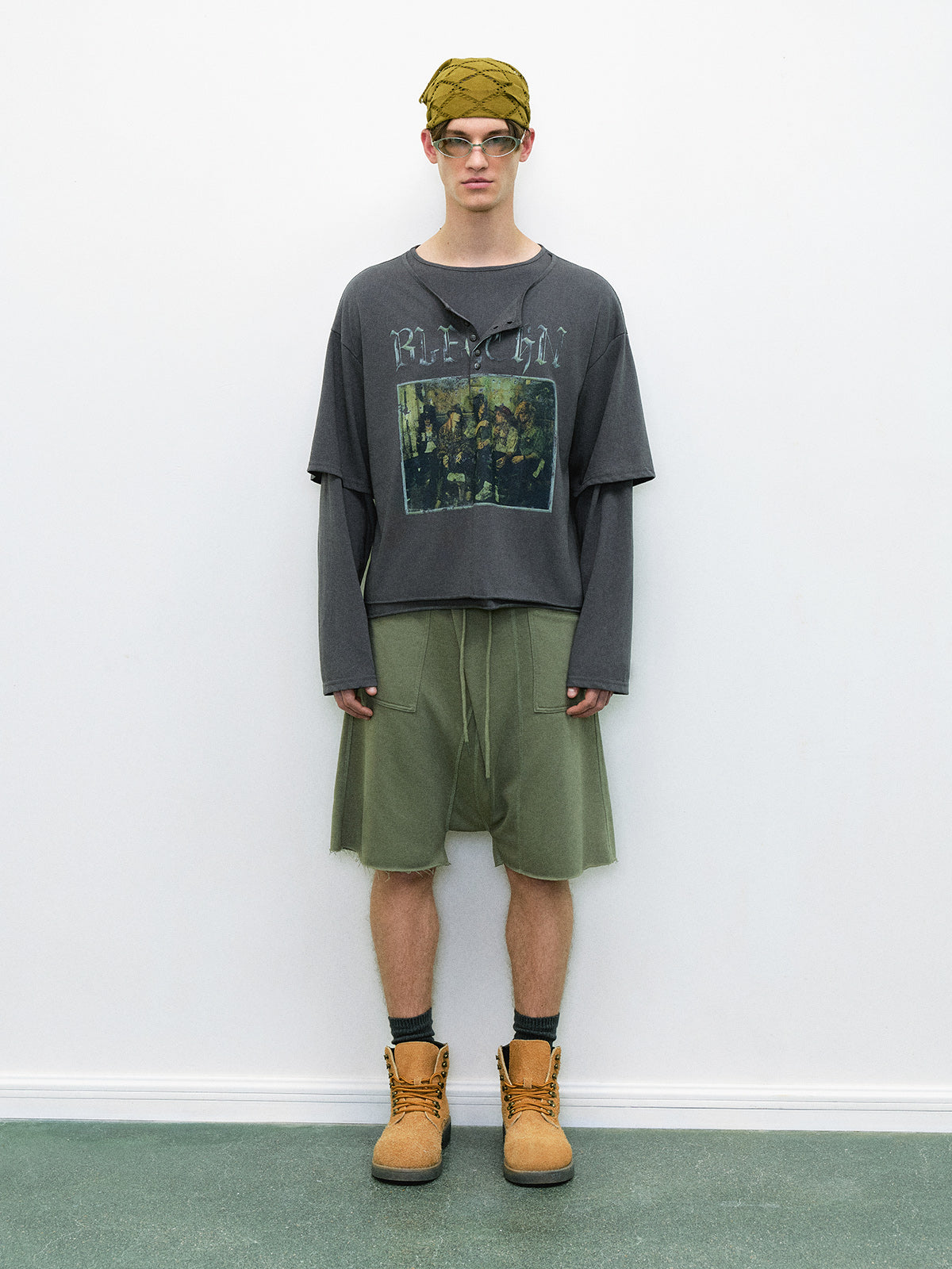 Co-ed Dorm Layered-Look Graphic Print Long Sleeve Top - Charcoal