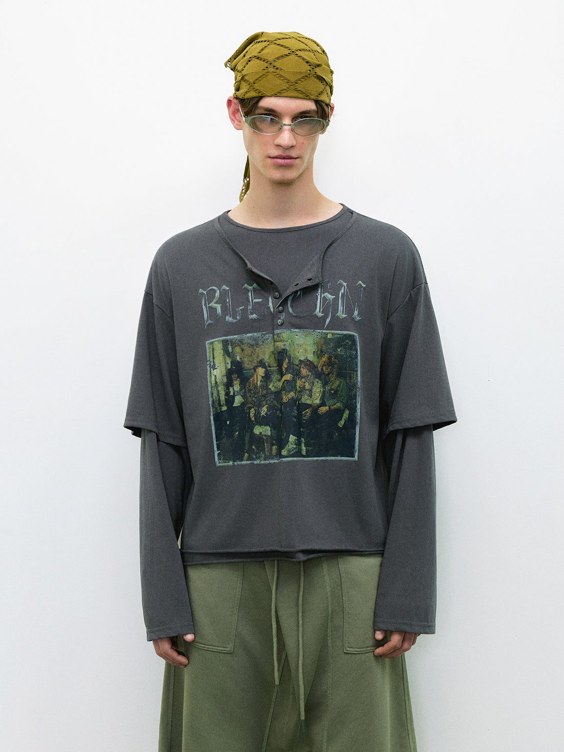 Co-ed Dorm Layered-Look Graphic Print Long Sleeve Top - Charcoal