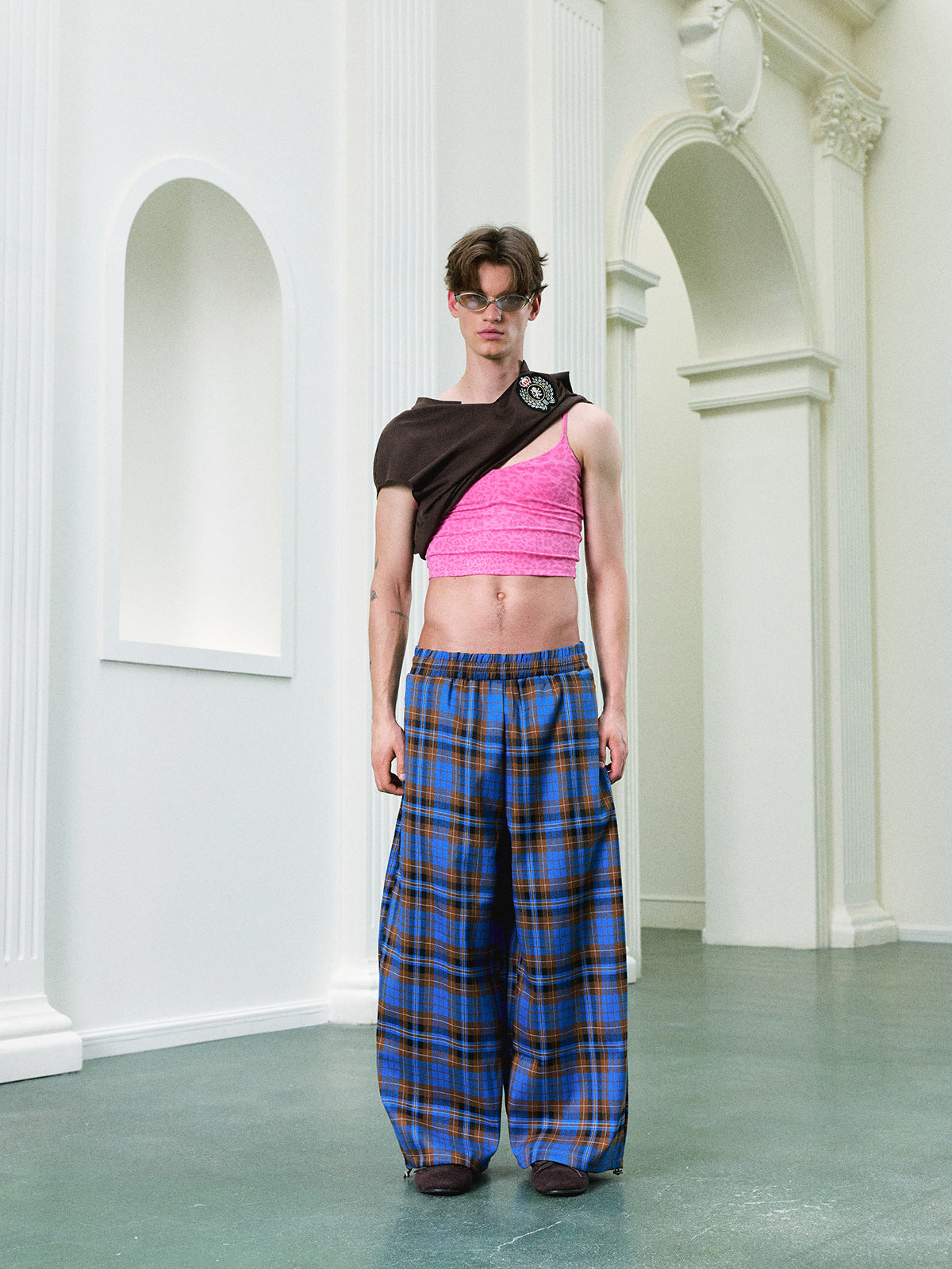 Co-ed Dorm Wide-leg Check Pants - Blue