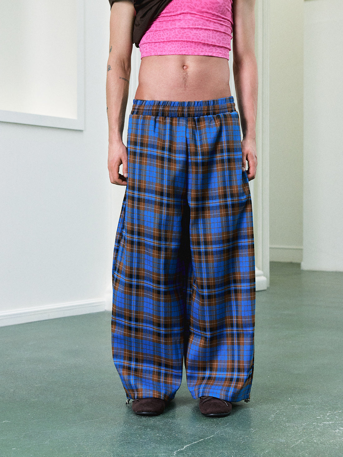 Co-ed Dorm Wide-leg Check Pants - Blue