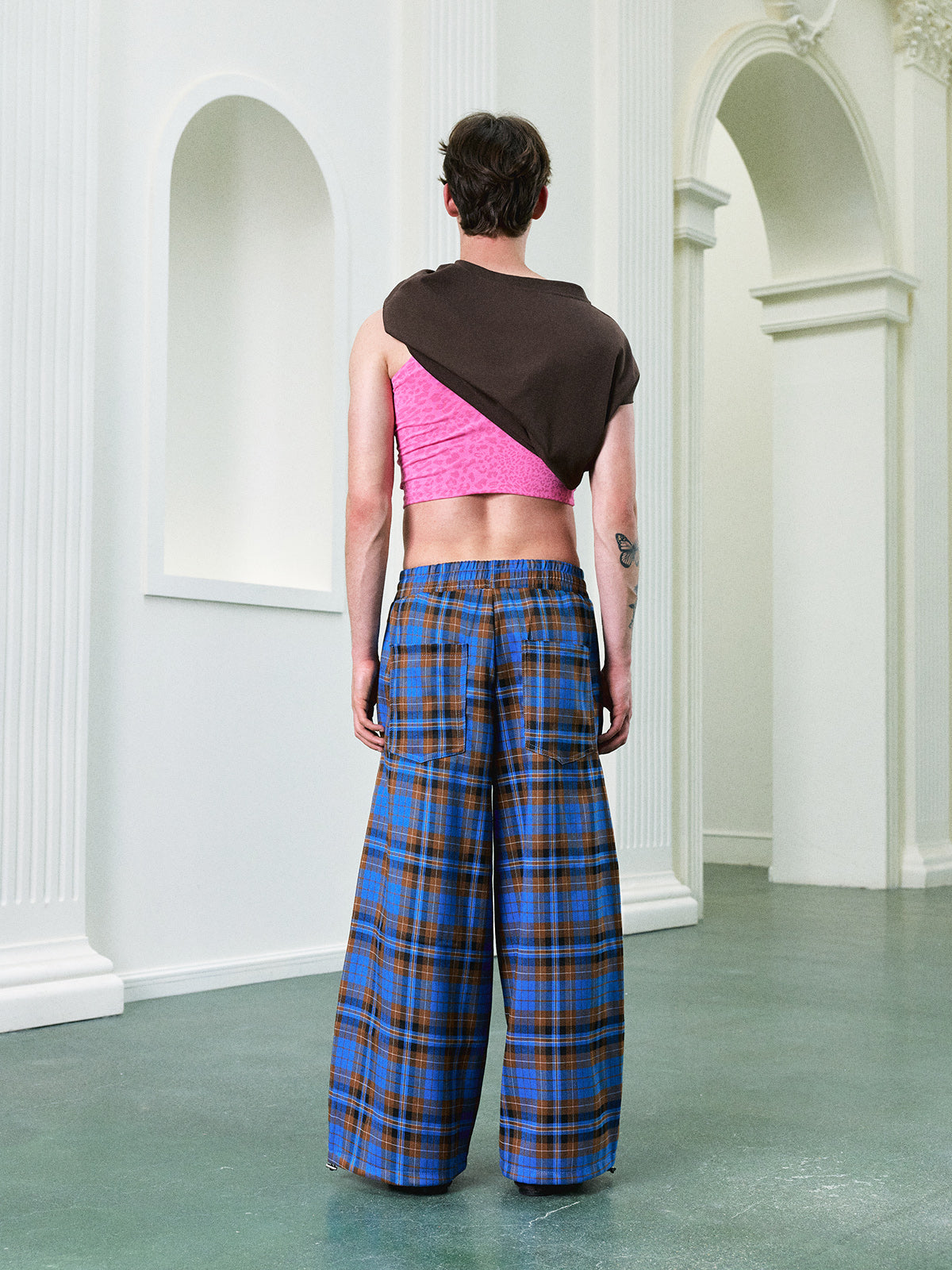 Co-ed Dorm Wide-leg Check Pants - Blue