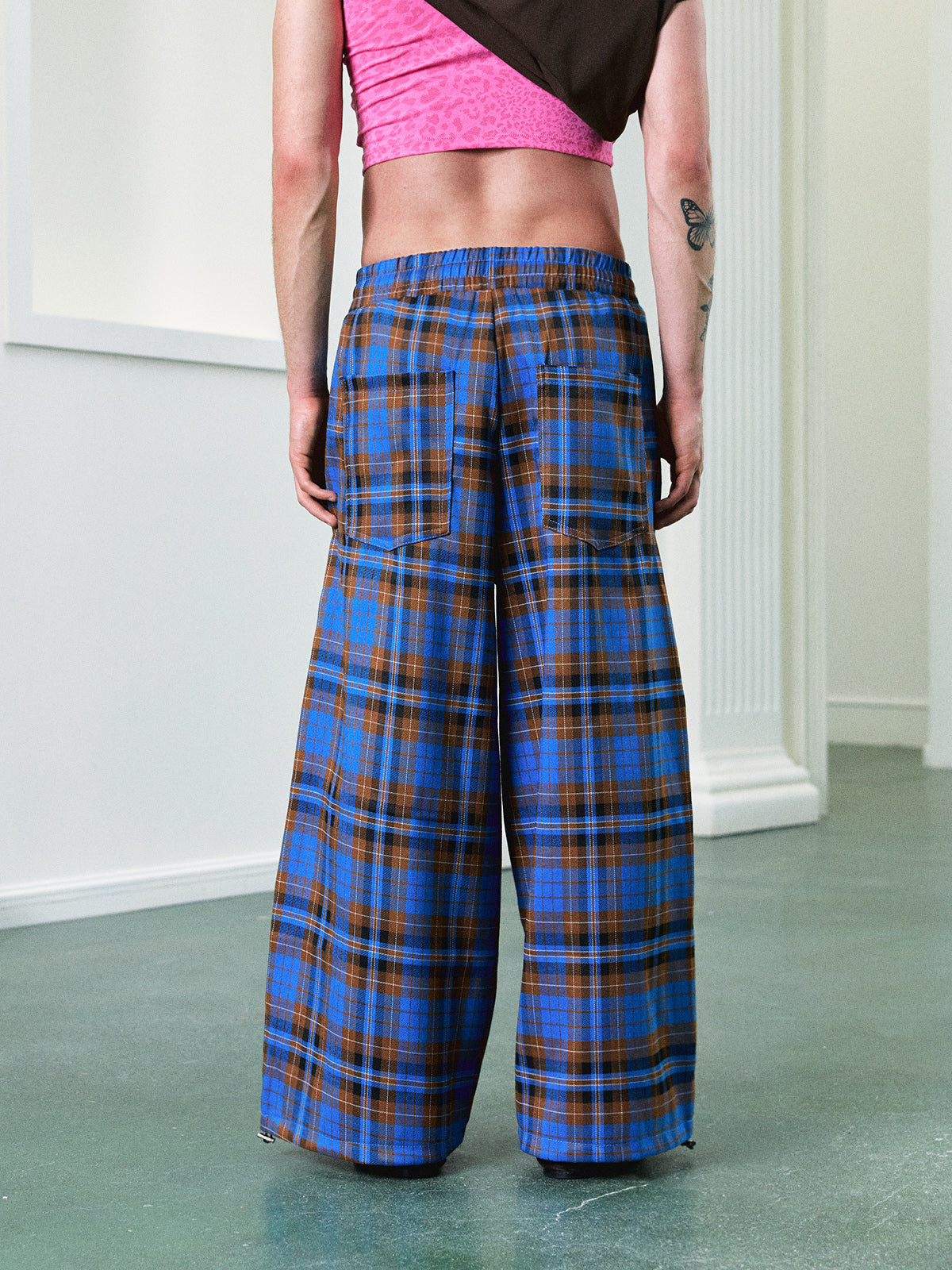 Co-ed Dorm Wide-leg Check Pants - Blue