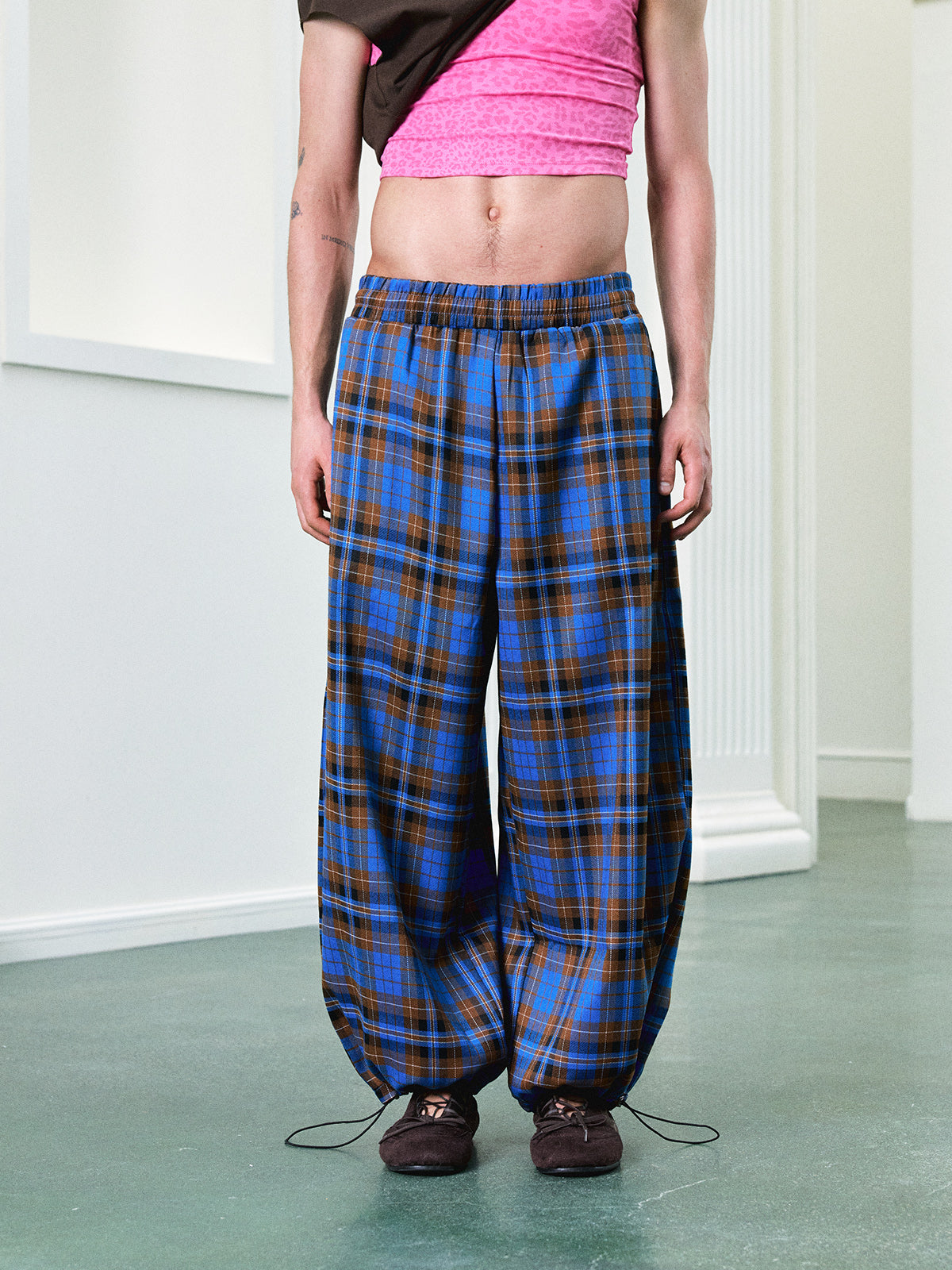 Co-ed Dorm Wide-leg Check Pants - Blue