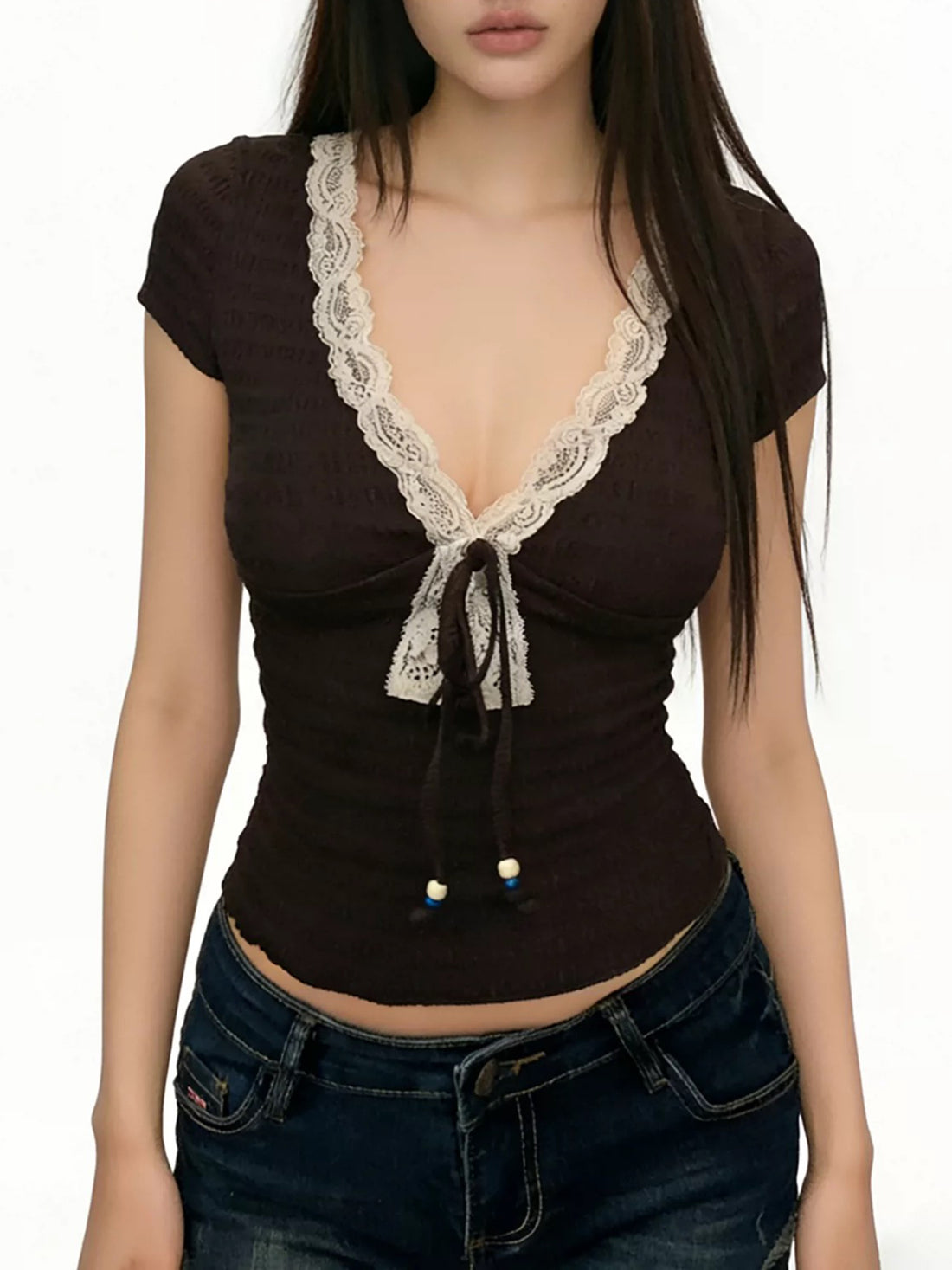 Brick Lane Skimming Lace Trim Layered-Look Tee - Brown