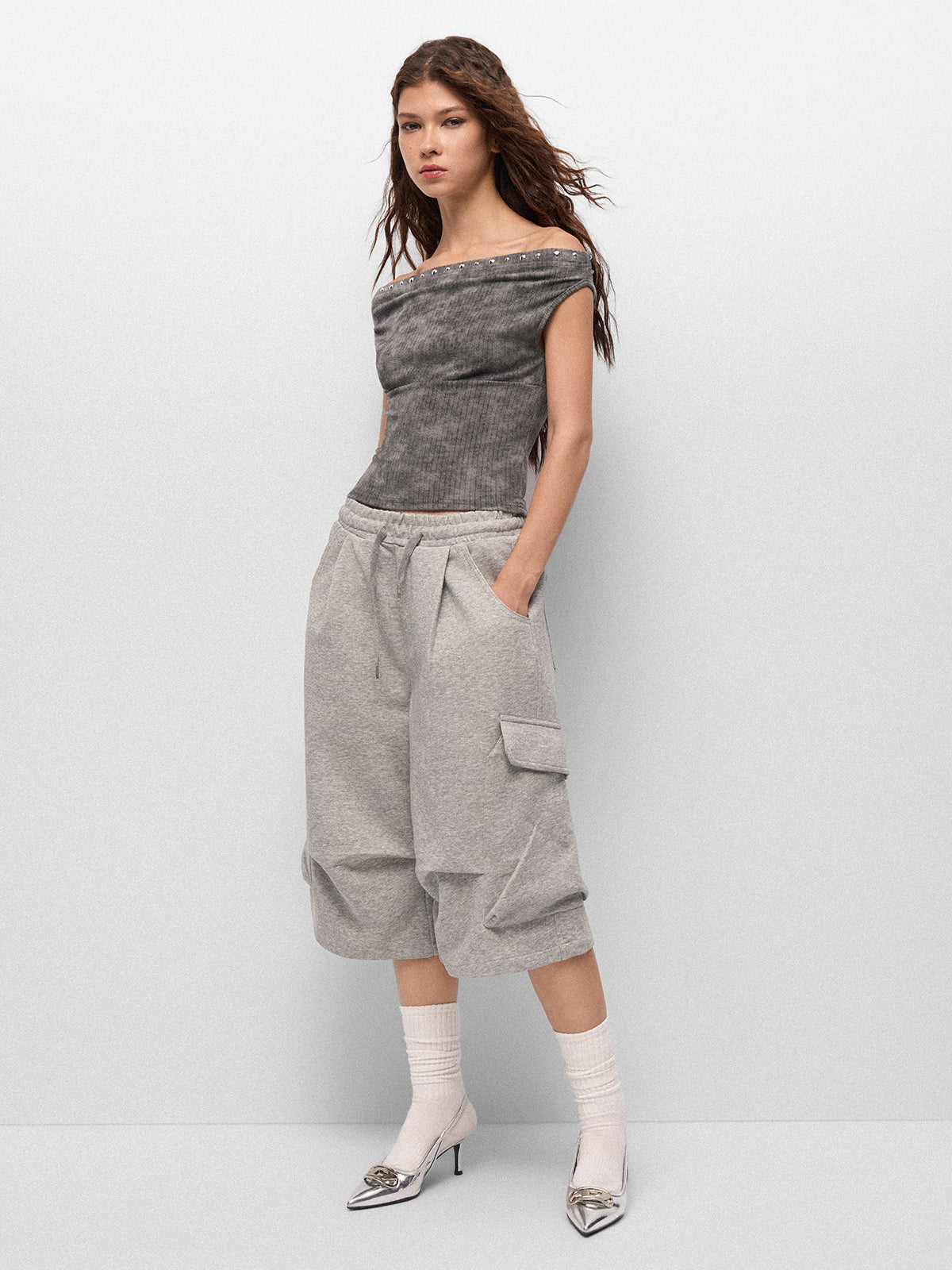 No Comment Off-shoulder Tee - Smoke Gray