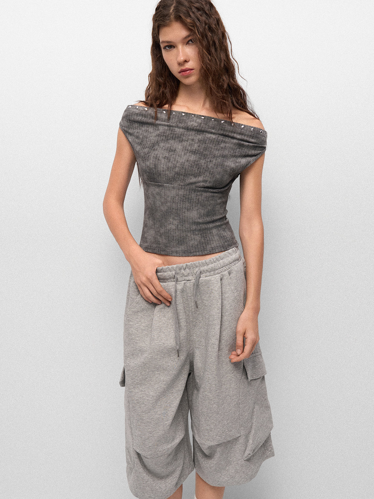 No Comment Off-shoulder Tee - Smoke Gray