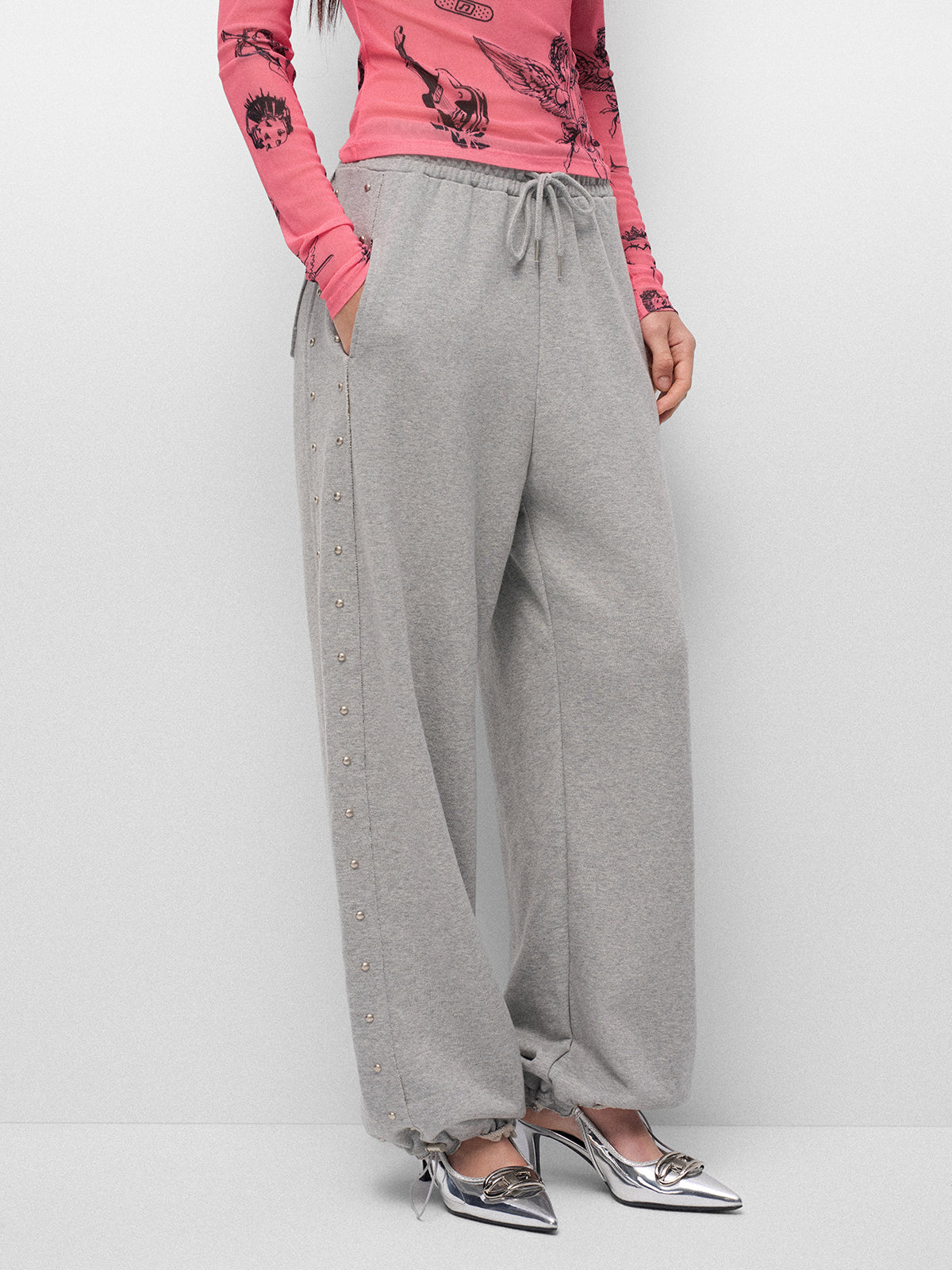 Studded Trim Jogger Pants - Ash Grey
