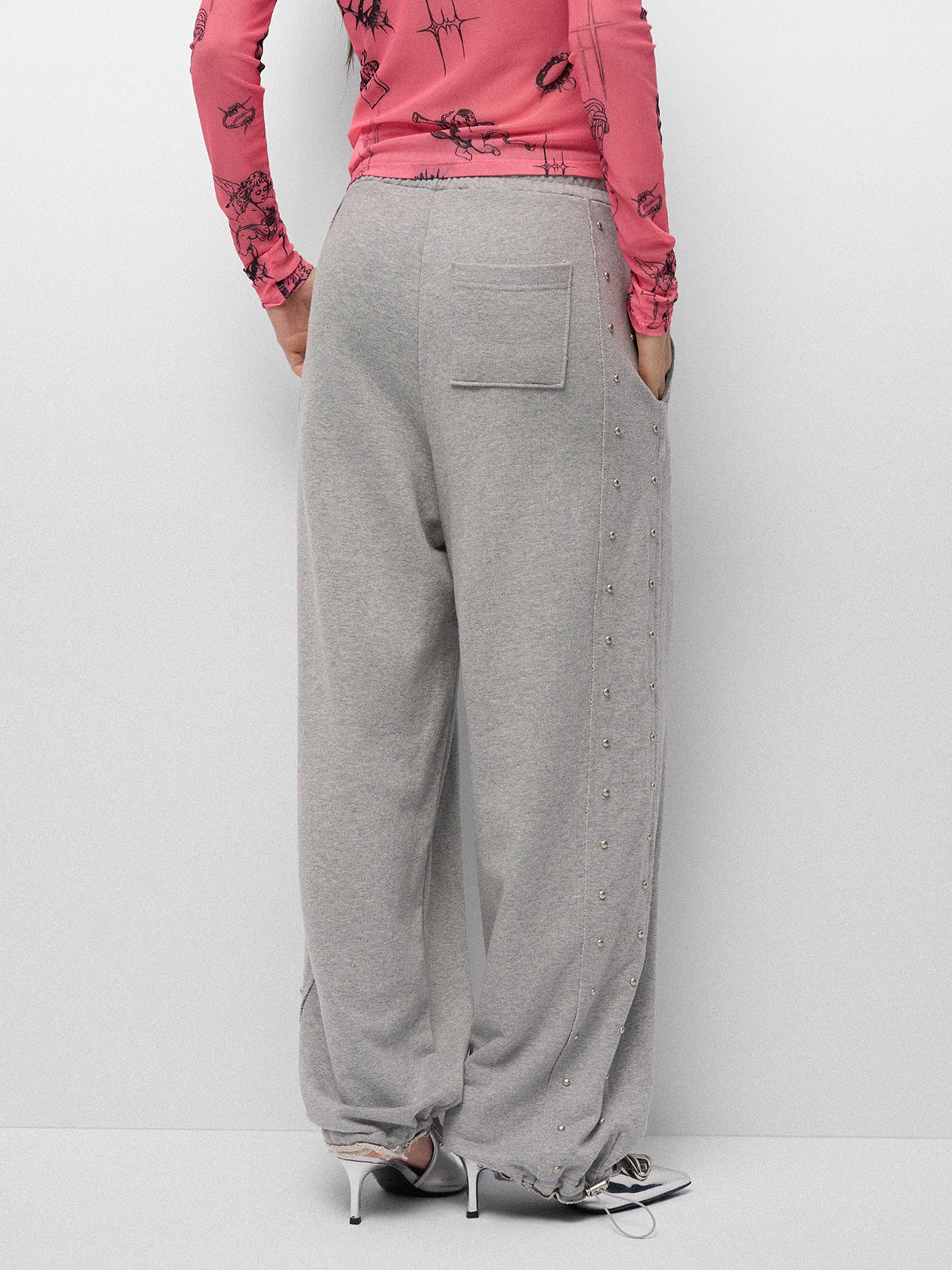 Studded Trim Jogger Pants - Ash Grey