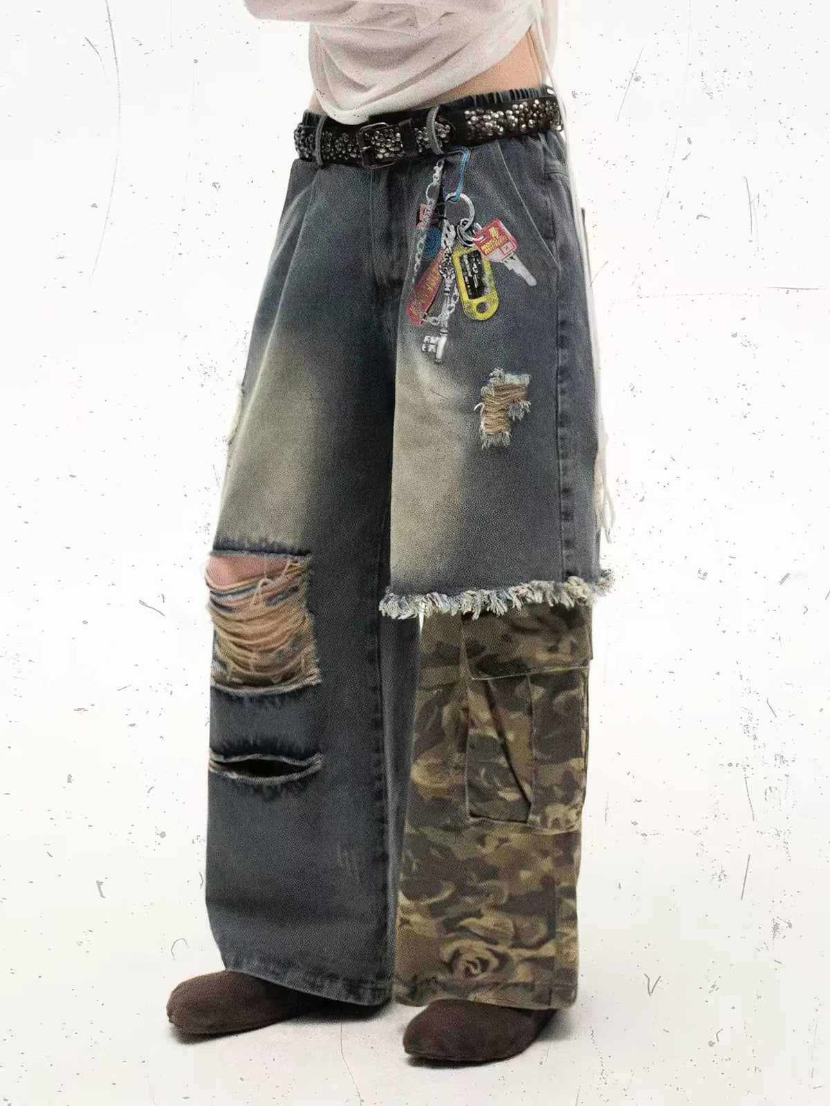 American Club Wide-leg Camo Patchwork Washed Denim Maxi Pants - Blue