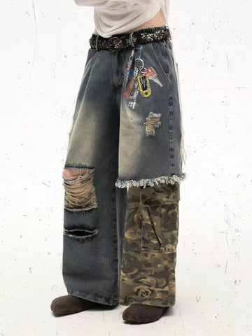 American Club Wide-leg Camo Patchwork Washed Denim Maxi Pants - Blue