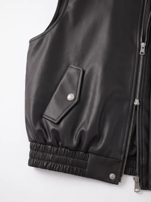 Co-ed Dorm Baggy Faux-Leather Biker Vest - Black