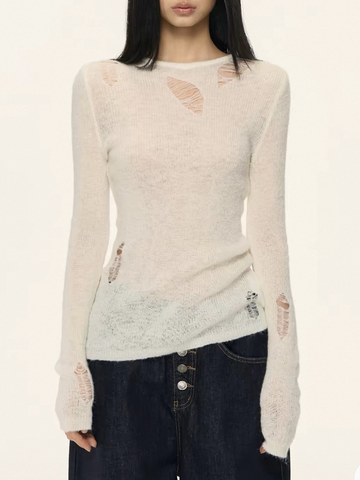 American Club Skimming Contrast Trim Ribbed Long Sleeve Top - White