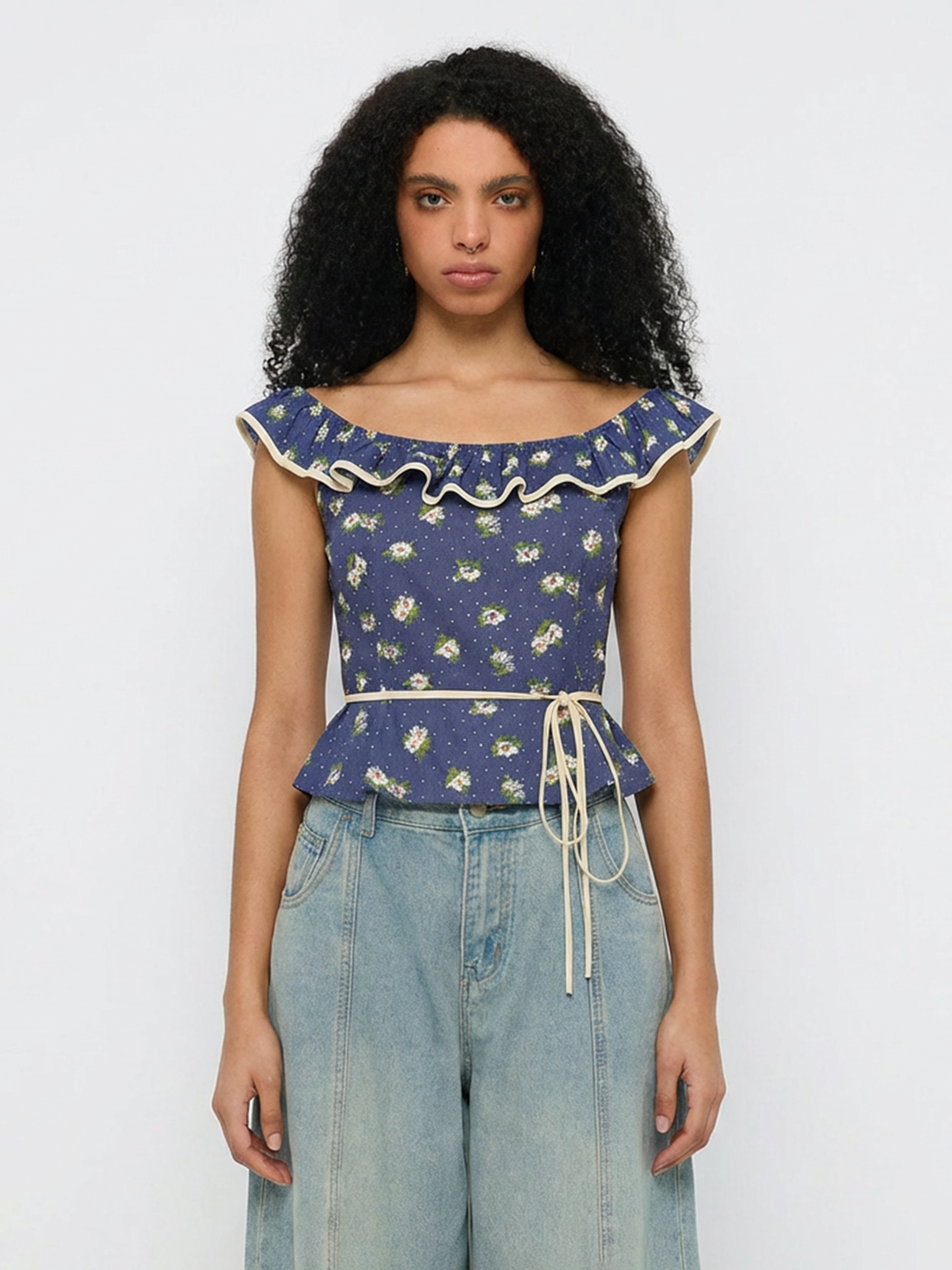 Petal Mood Ruffle Tank – Navy Bloom