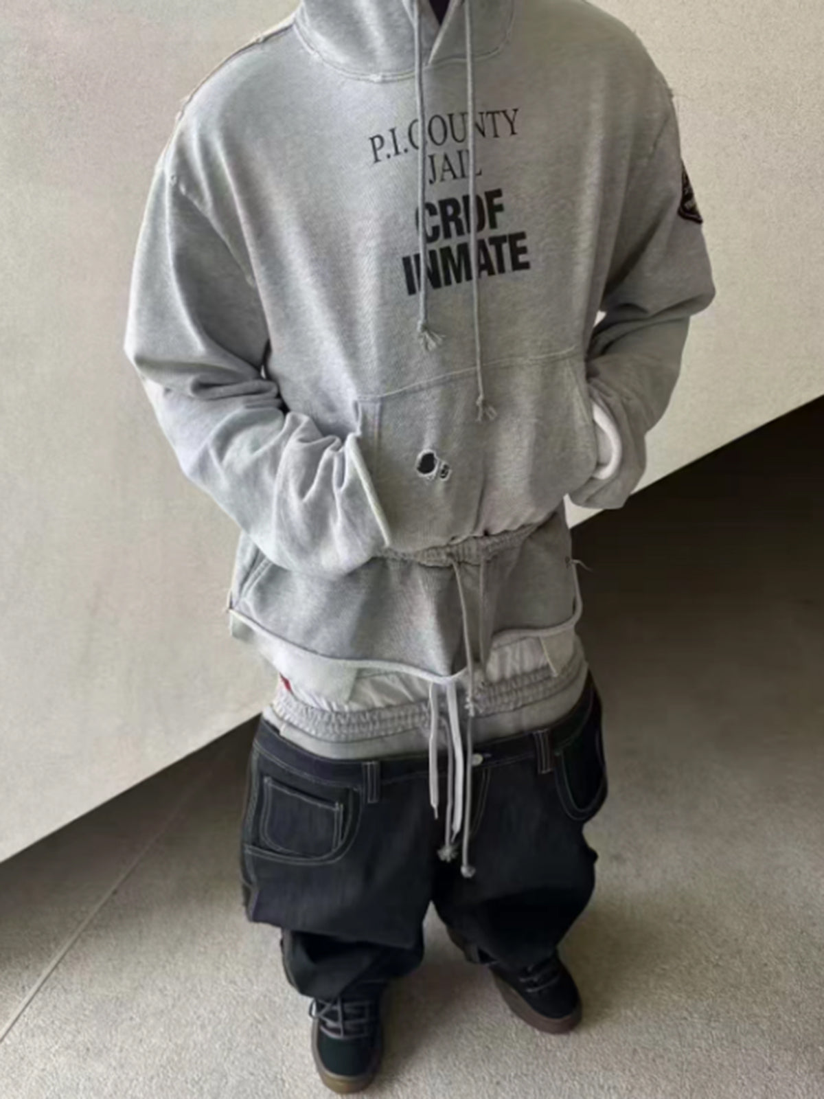 American Club Cropped Graphic Print Zip Fleece Sweatshirt - Grey