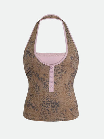 Not Quite Basic Halter Top – Rose Leopard
