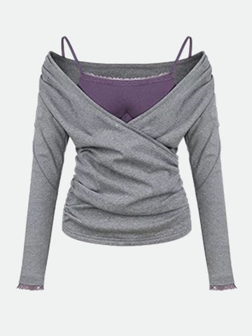 Second Thought Lace Sleeve Top – Grey Lilac