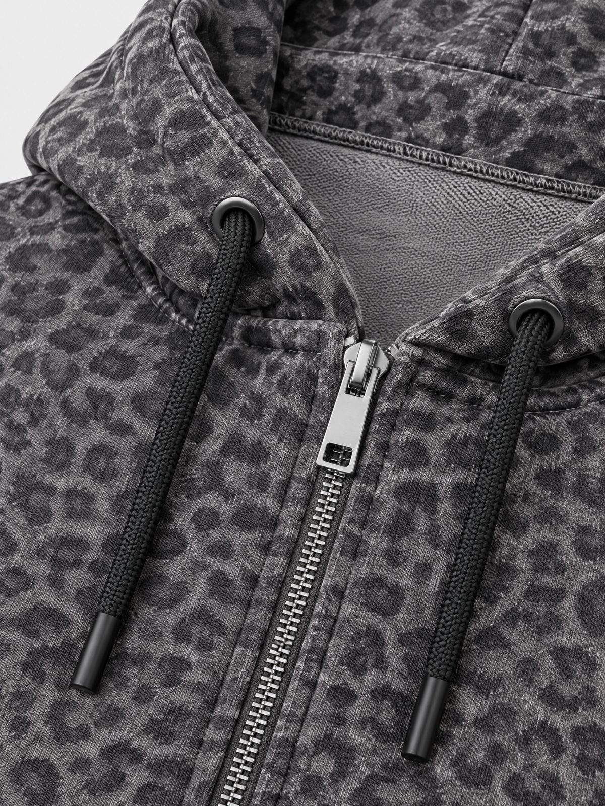 Brick Lane Leopard Print Zip-Up Cropped Hoodie - Grey