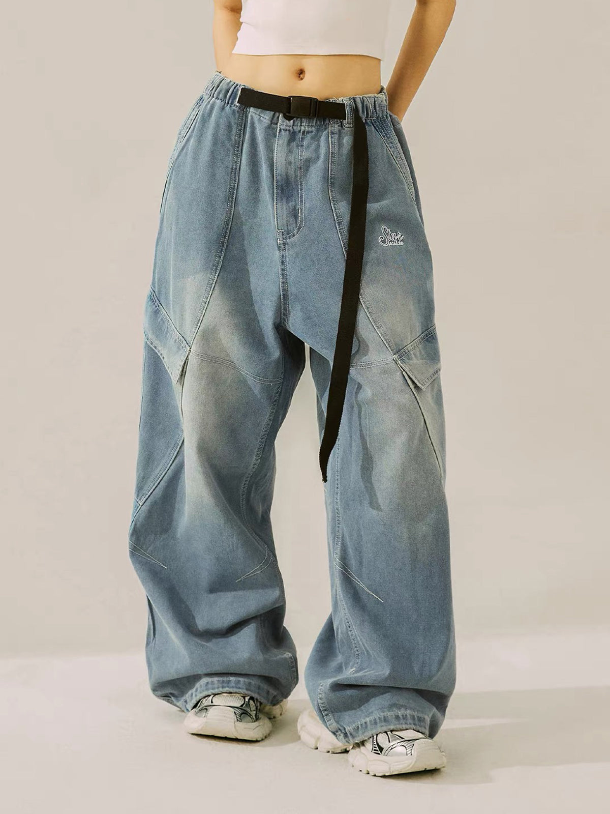 Co-ed Dorm Wide-leg Distressed Washed Denim Maxi Pants - Blue