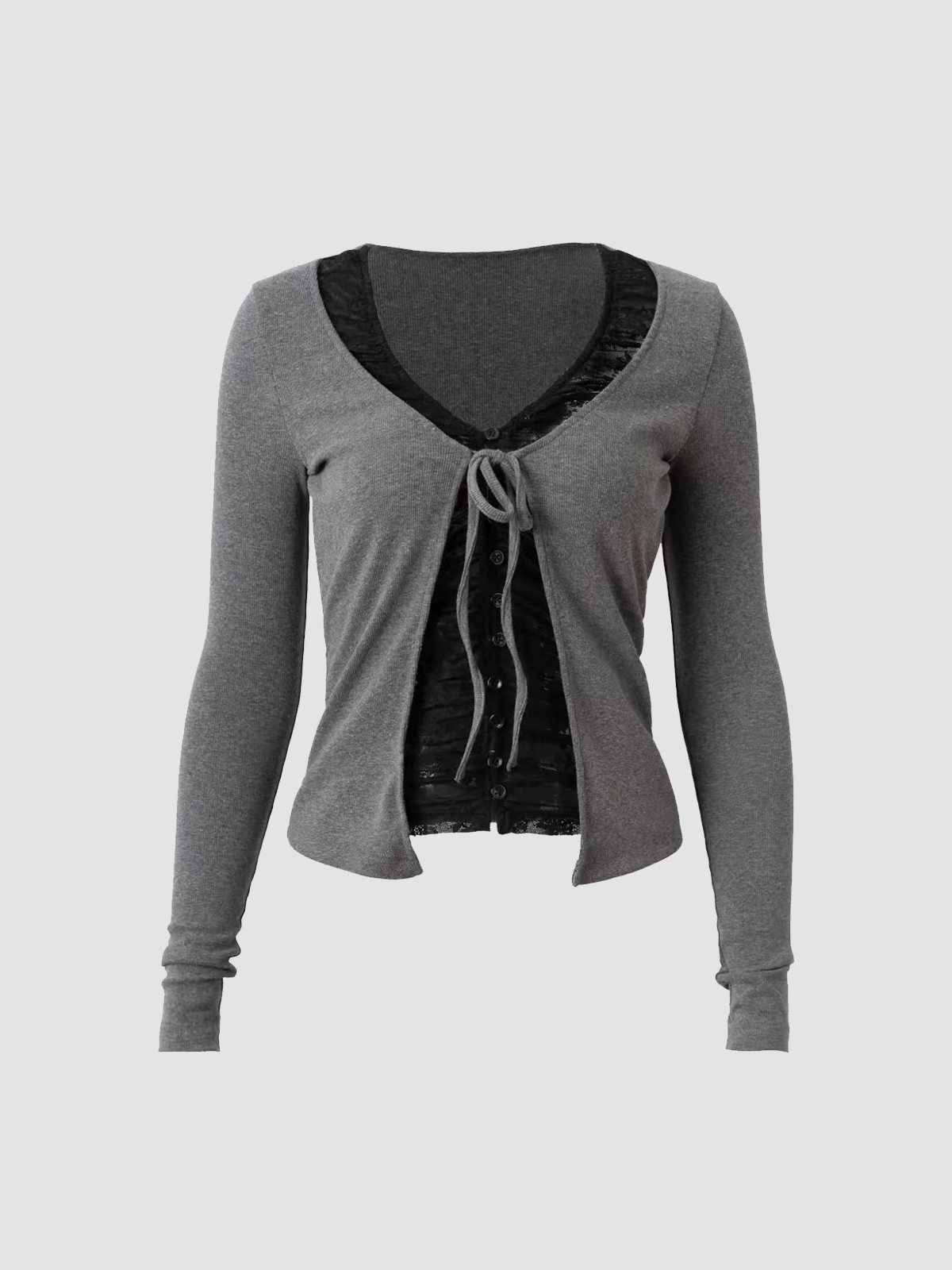Brick Lane Contrast Trim Deep V-Neck Knit Long Sleeve Top - Grey
