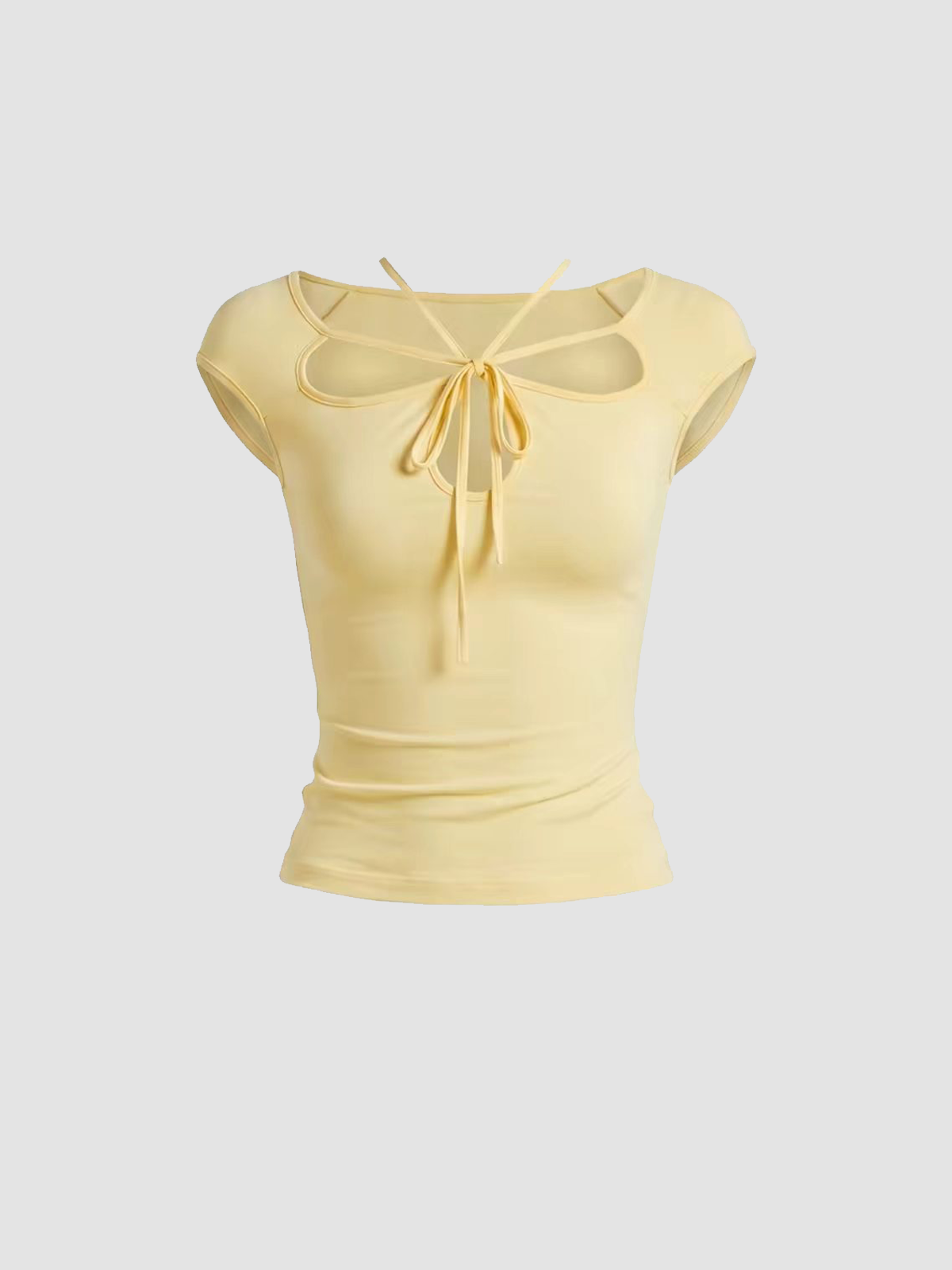 Brick Lane Cap Sleeve Tie-Front Ruched Tee - Yellow