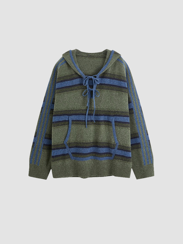 Brick Lane Distressed Checked Knit Crewneck Sweater - Olive