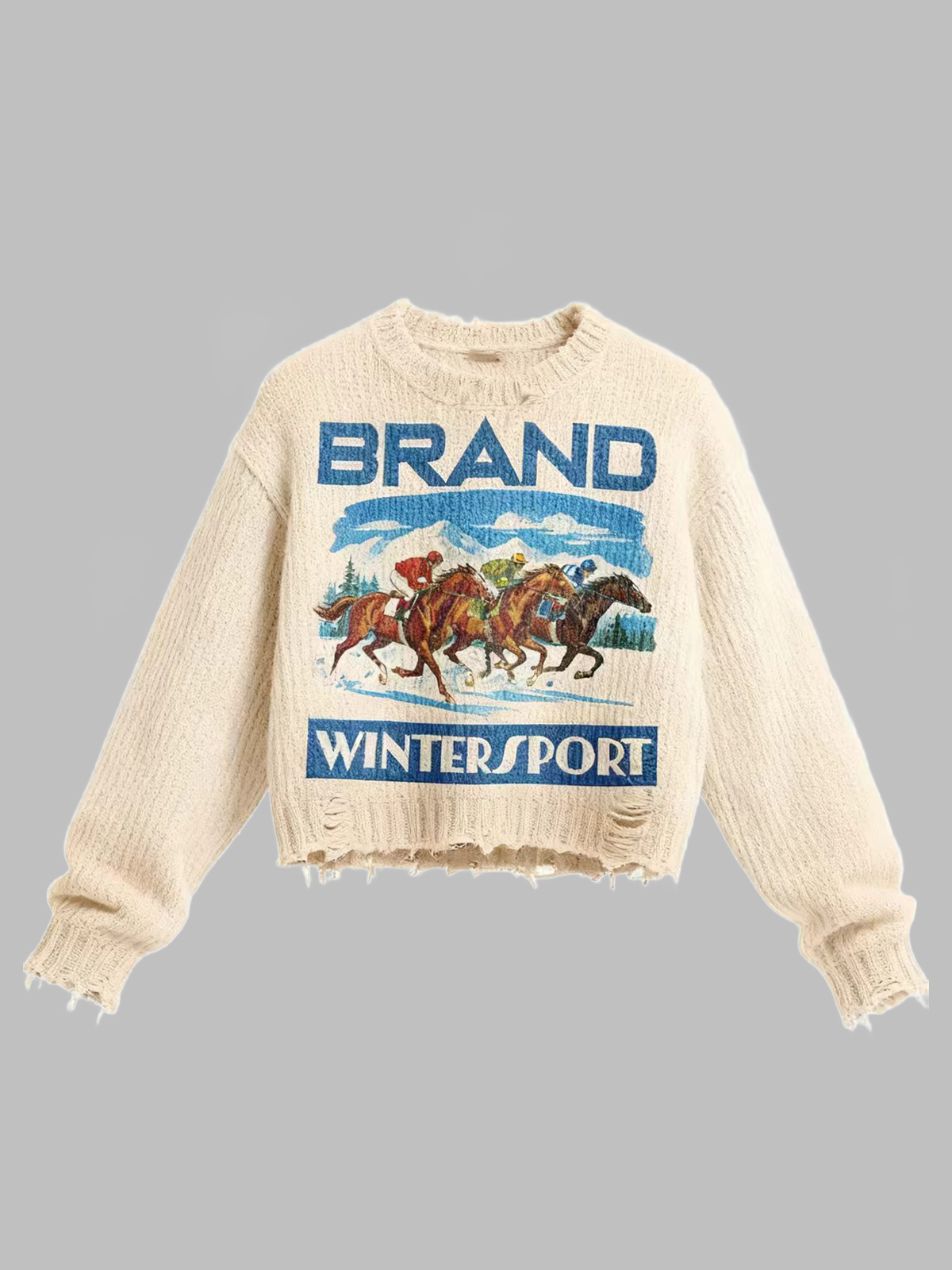 Brick Lane Graphic Print Crewneck Knit Sweater - Beige