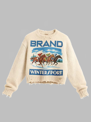 Brick Lane Graphic Print Crewneck Knit Sweater - Beige