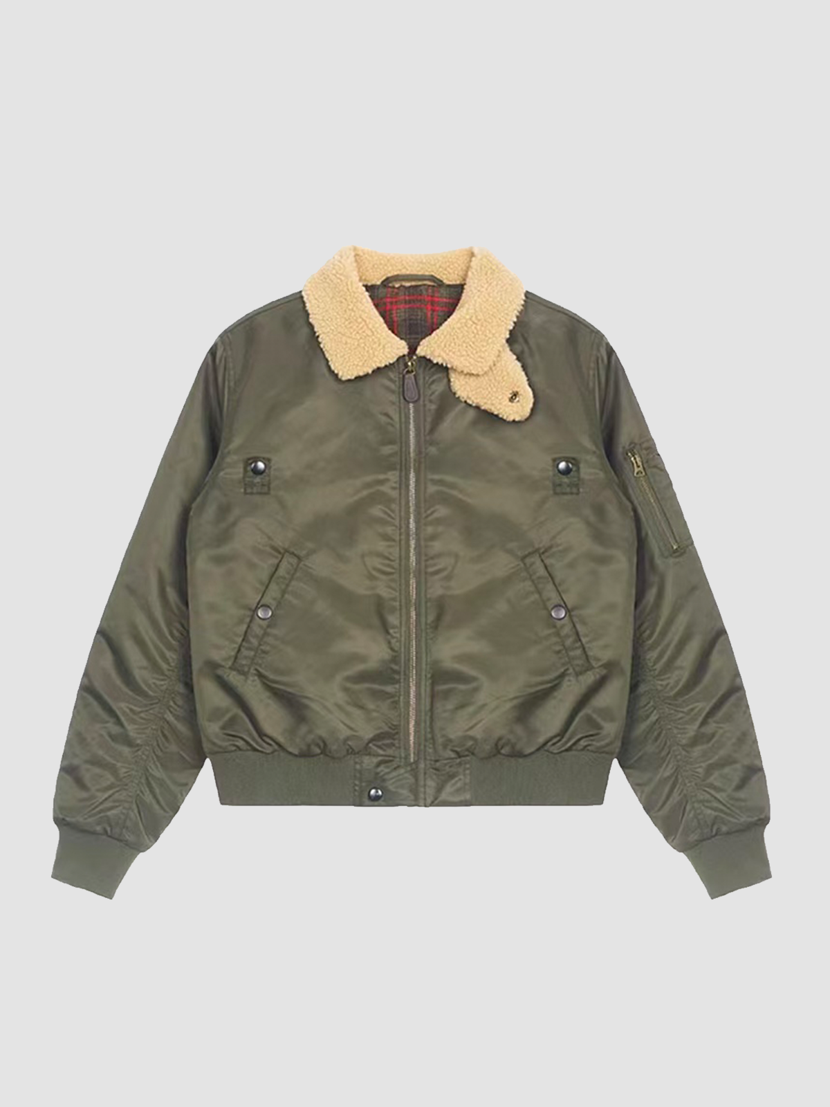 Weekday Outdoor Contrast Collar Zip-Up Bomber Jacket - Olive Green