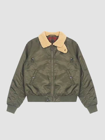 Weekday Outdoor Contrast Collar Zip-Up Bomber Jacket - Olive Green