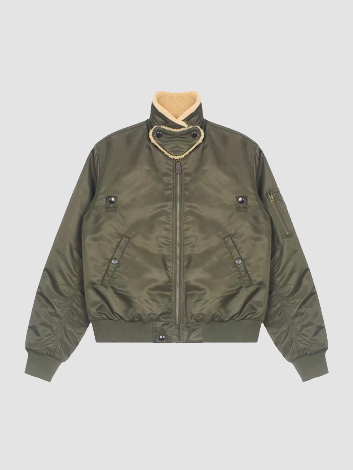 Weekday Outdoor Contrast Collar Zip-Up Bomber Jacket - Olive Green
