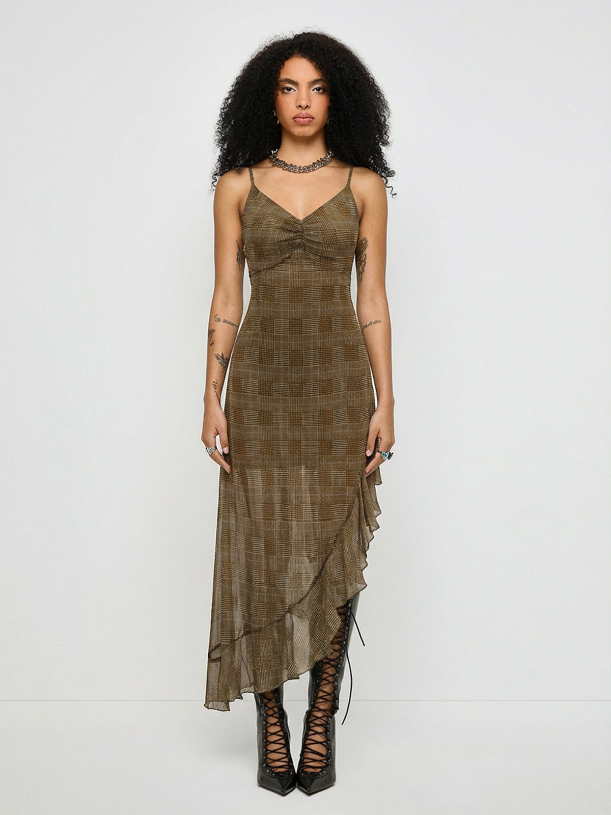 Held Line Check Mesh Maxi Dress – Moss Brown