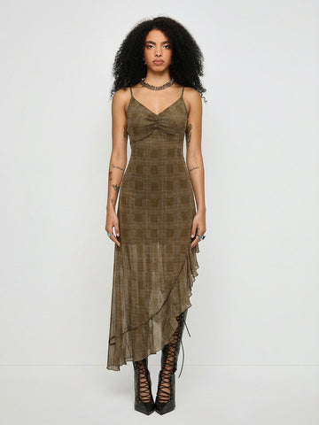 Held Line Check Mesh Maxi Dress – Moss Brown